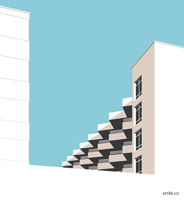 Illustration of a building with triangular balconies